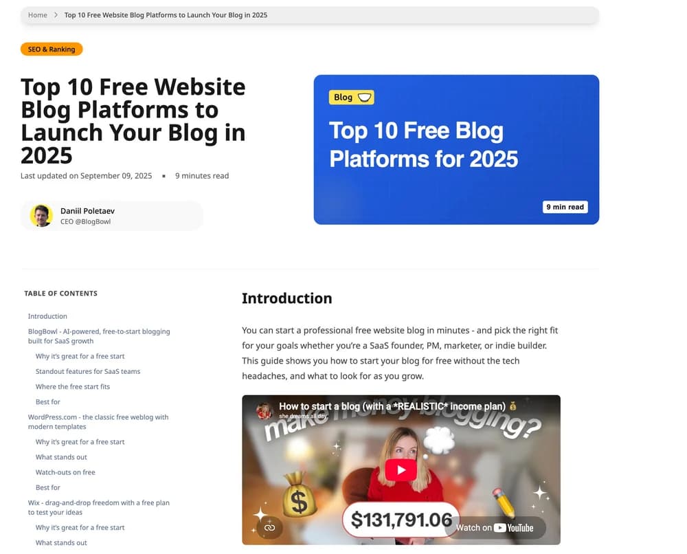 Top 10 Free Website Blog Platforms to Launch Your Blog in 2026: published on BlogBowl