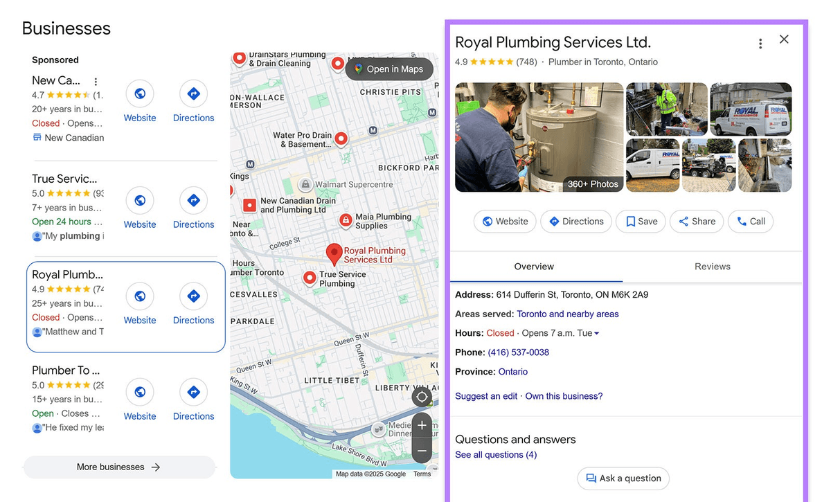 Google Business Profile listing management interface for local business details