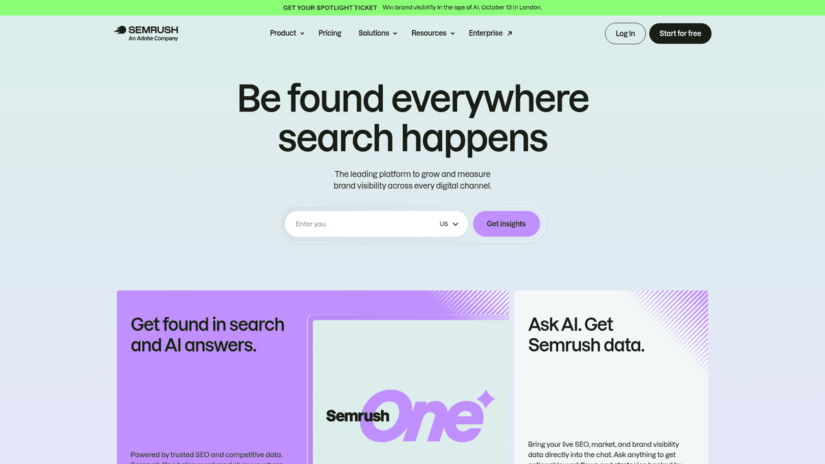 Semrush homepage for SEO research and reporting