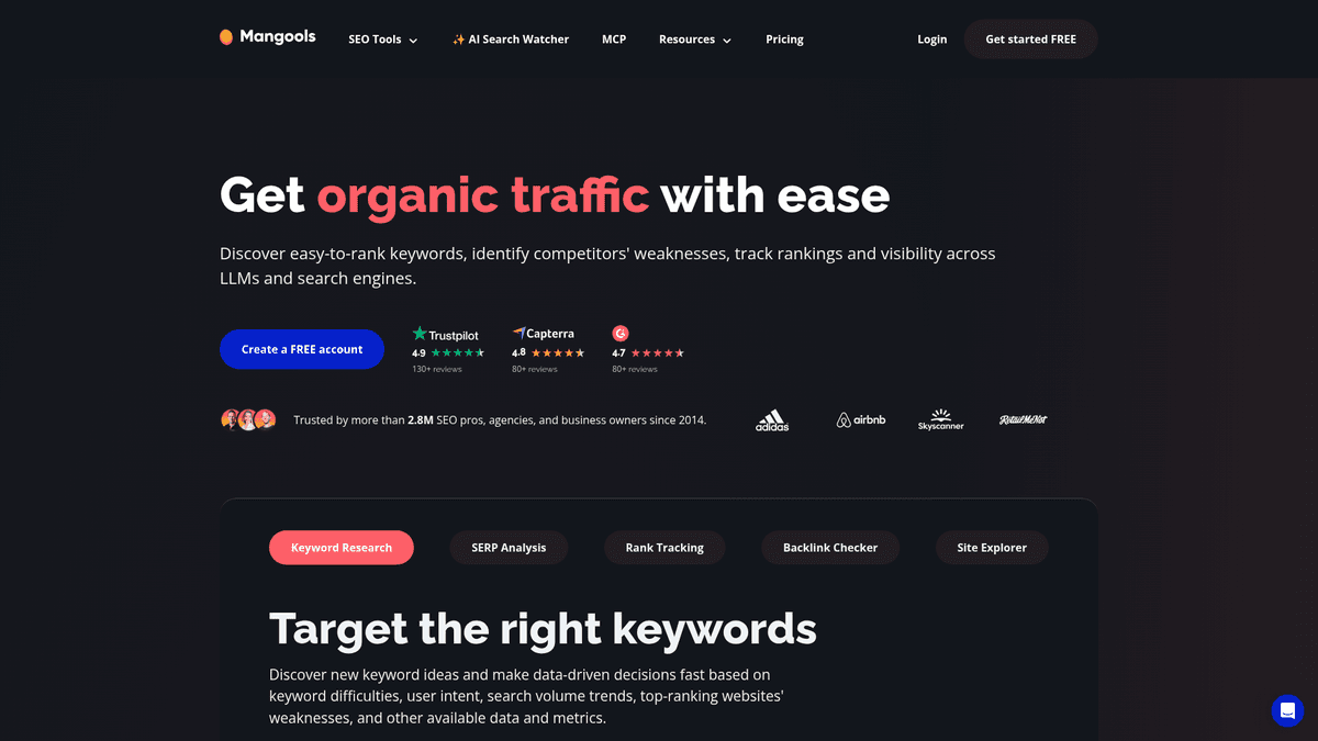 Mangools homepage for keyword research and rank tracking