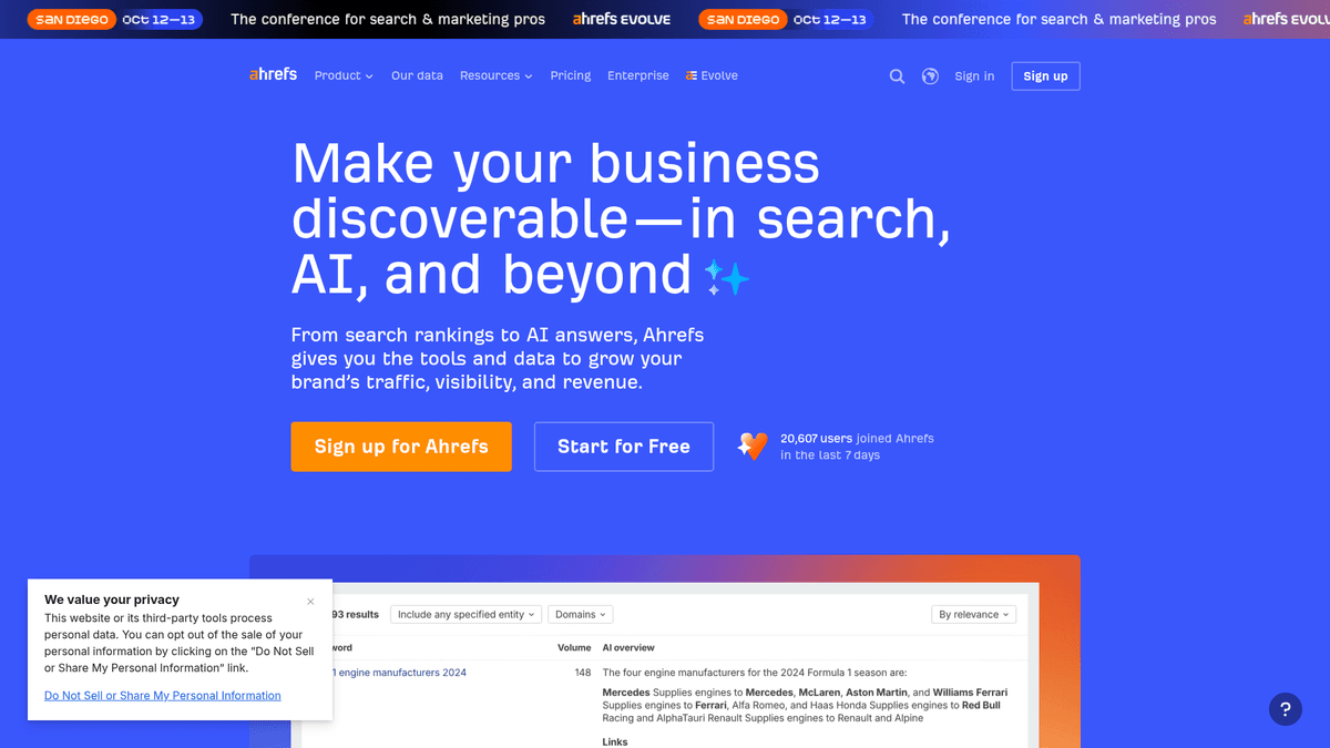 Screenshot of Ahrefs homepage
