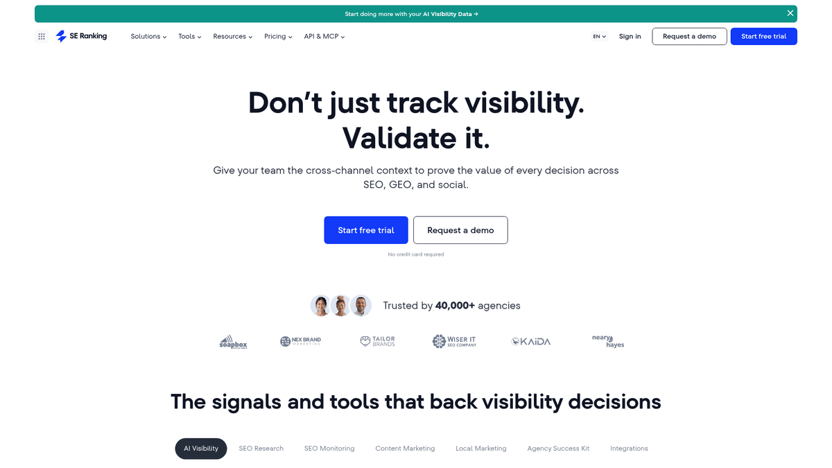 Screenshot of SE Ranking homepage