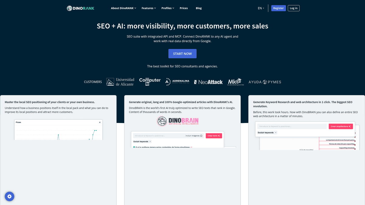 Screenshot of DinoRANK homepage