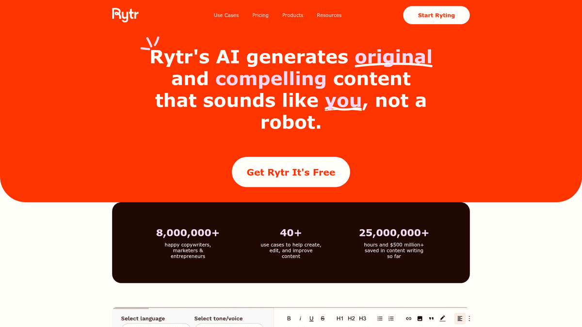 Screenshot of Rytr homepage