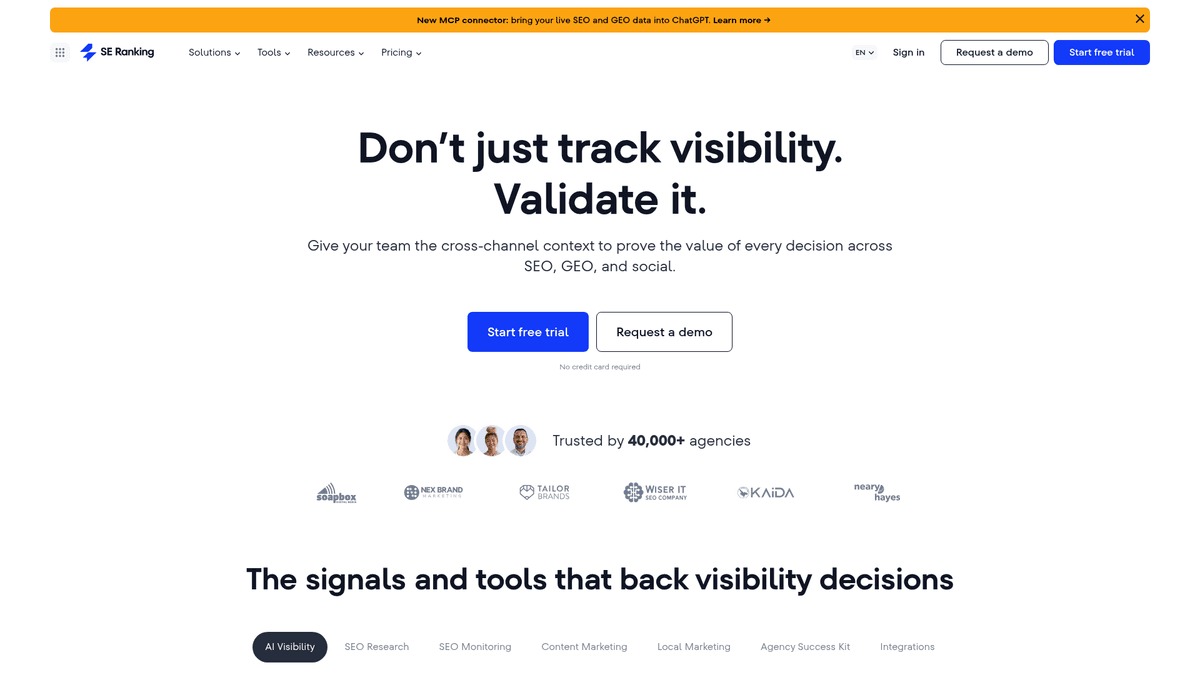 Screenshot of SE Ranking homepage