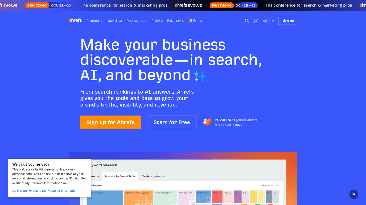 Ahrefs homepage for organic keyword and backlink research