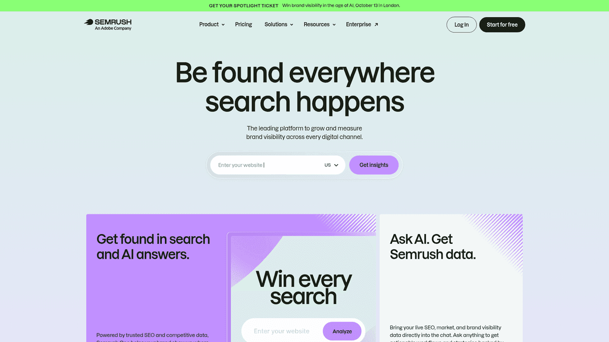 Semrush homepage for keyword gap analysis and SEO reporting