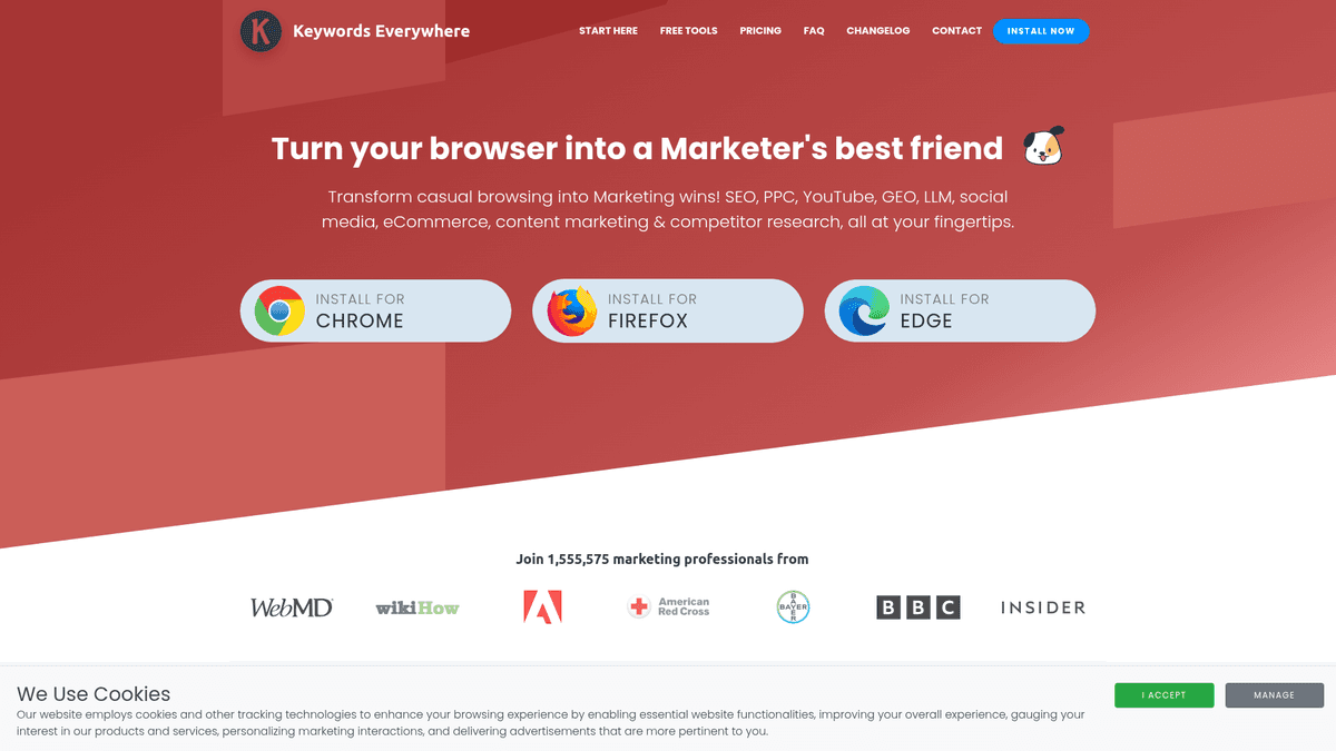 Keywords Everywhere homepage for browser-based keyword research