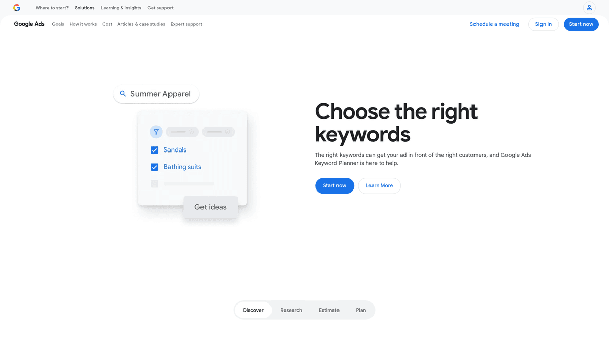 Google Keyword Planner homepage for advertising keyword ideas