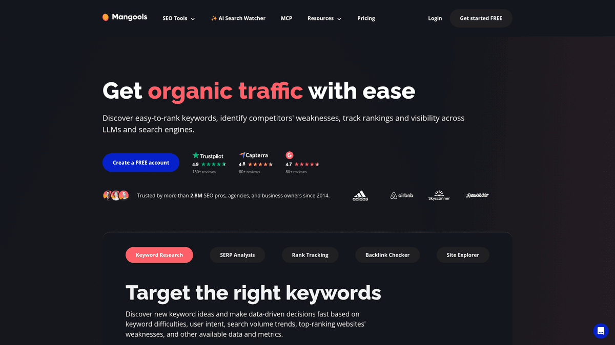 Mangools homepage for keyword and search result analysis