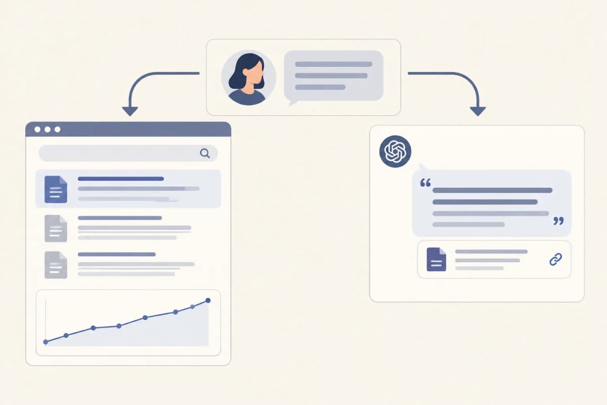 Diagram showing traditional search rankings and AI answer citations as separate paths from a buyer question