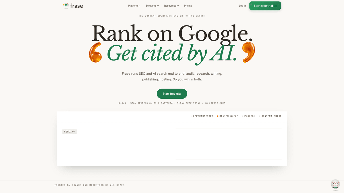 Frase website presenting its research and content optimization workflow