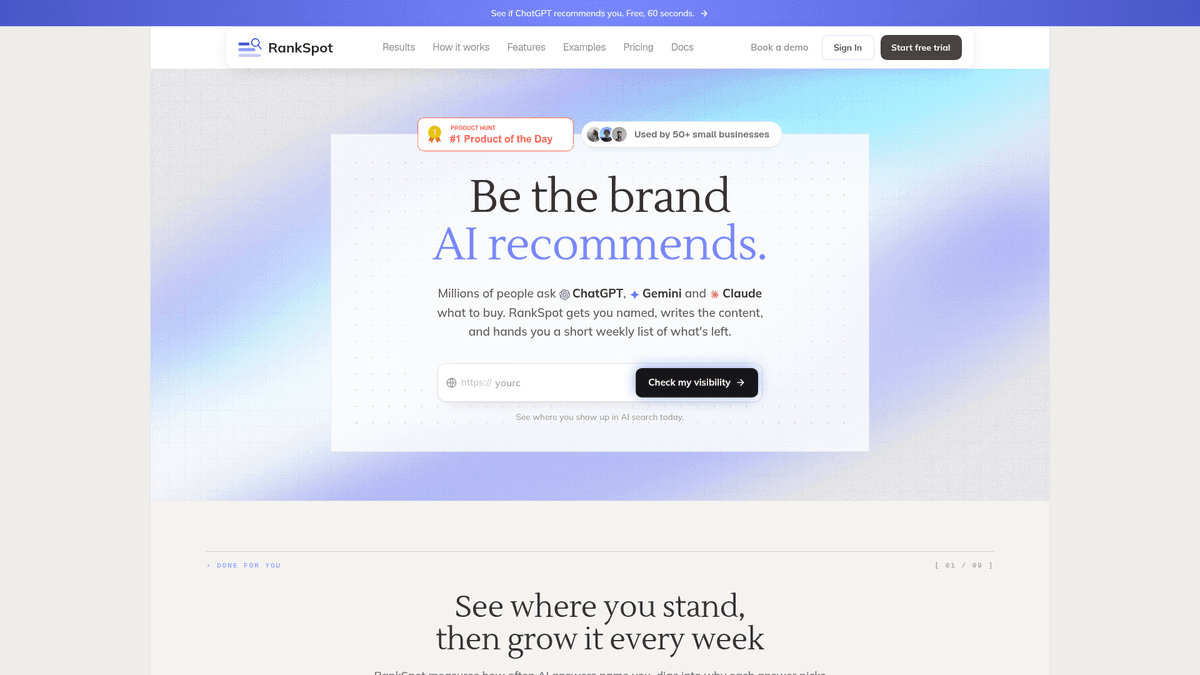 RankSpot website homepage showing its SEO and AI-search platform