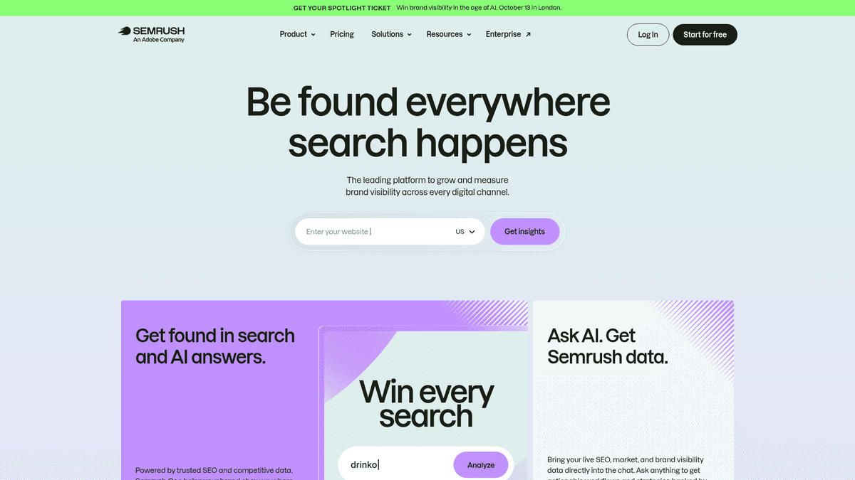 Semrush website homepage for its SEO toolkit
