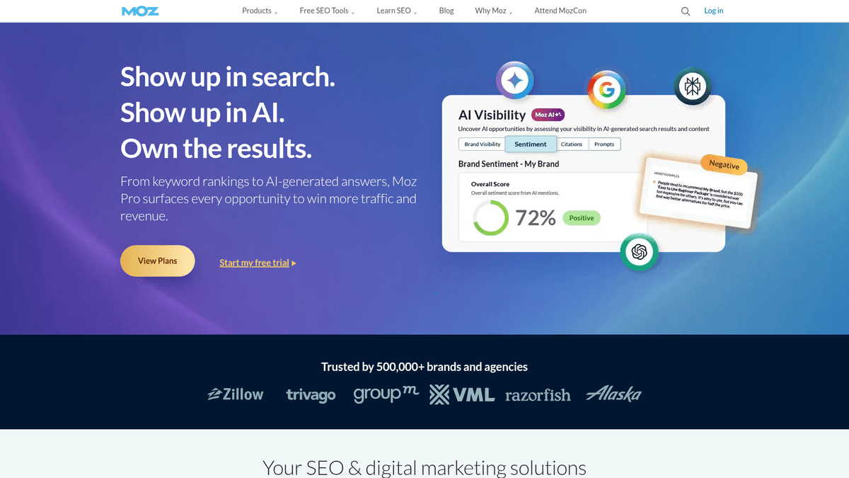 Moz website homepage for its SEO and link analysis tools