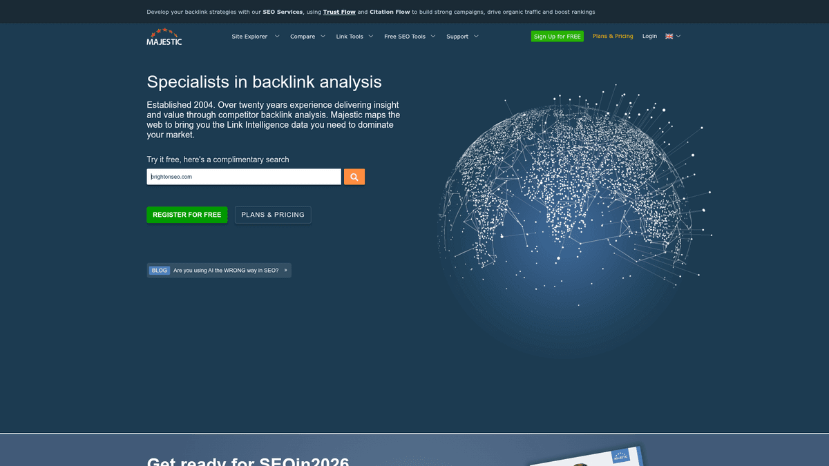 Majestic website homepage featuring its backlink research platform