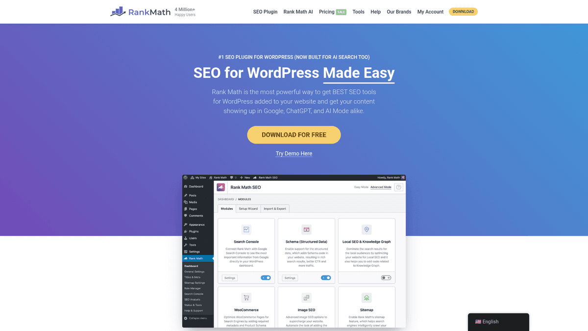 Rank Math homepage for its WordPress SEO plugin