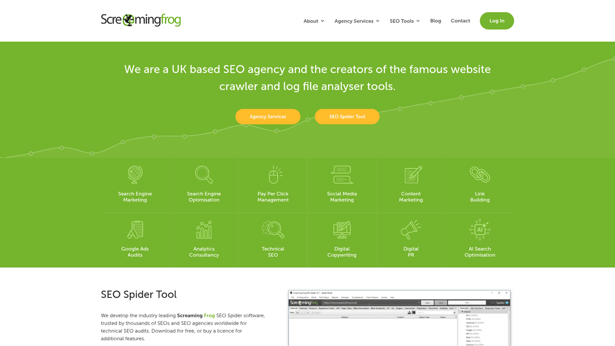 Screaming Frog homepage for its SEO Spider desktop crawler