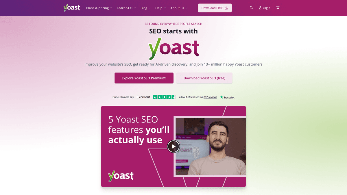 Yoast homepage featuring its WordPress SEO software