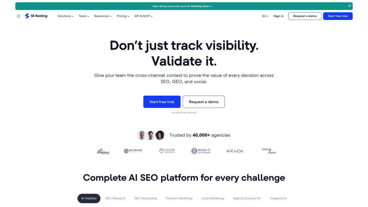 SE Ranking homepage for keyword and ranking research