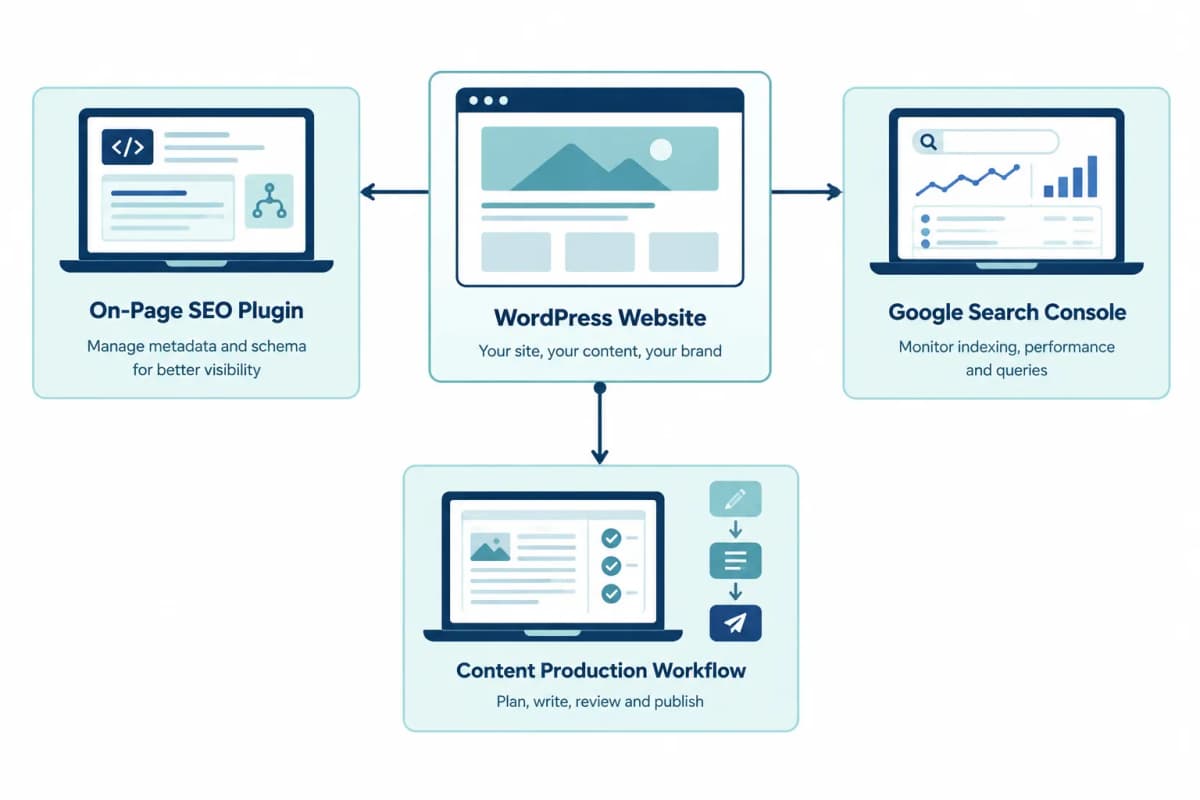 Diagram of a WordPress site connected to on-page SEO, search performance data, and content publishing workflows