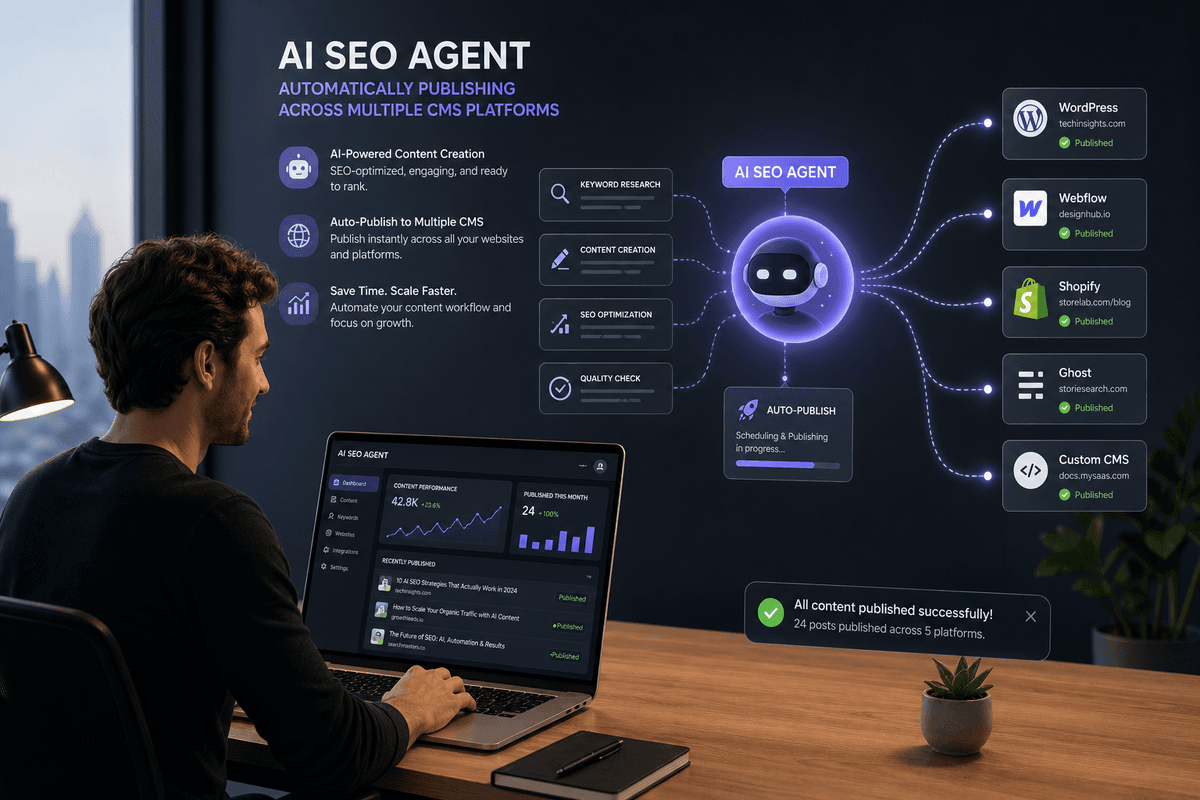 Illustration of founder using AI SEO agent across CMS platforms