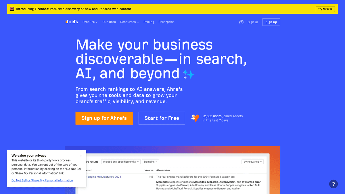 Screenshot of Ahrefs homepage