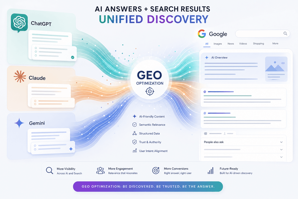 Illustration of AI answers and search results merging