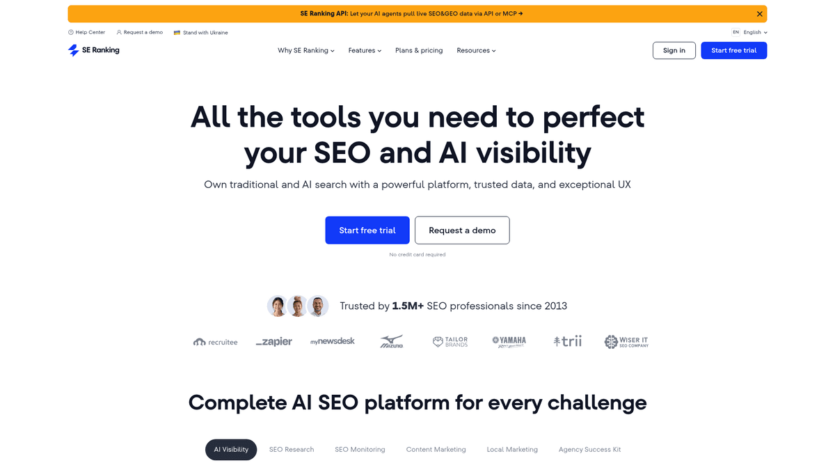 Screenshot of SE Ranking homepage