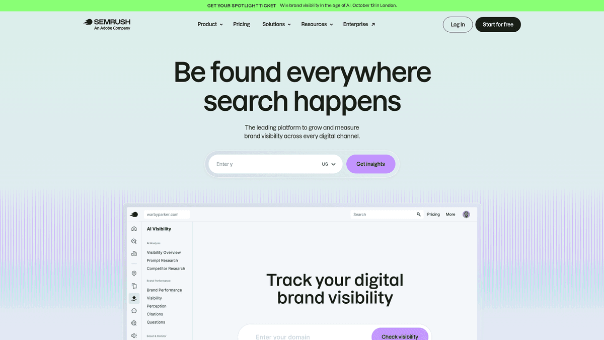 Screenshot of Semrush homepage