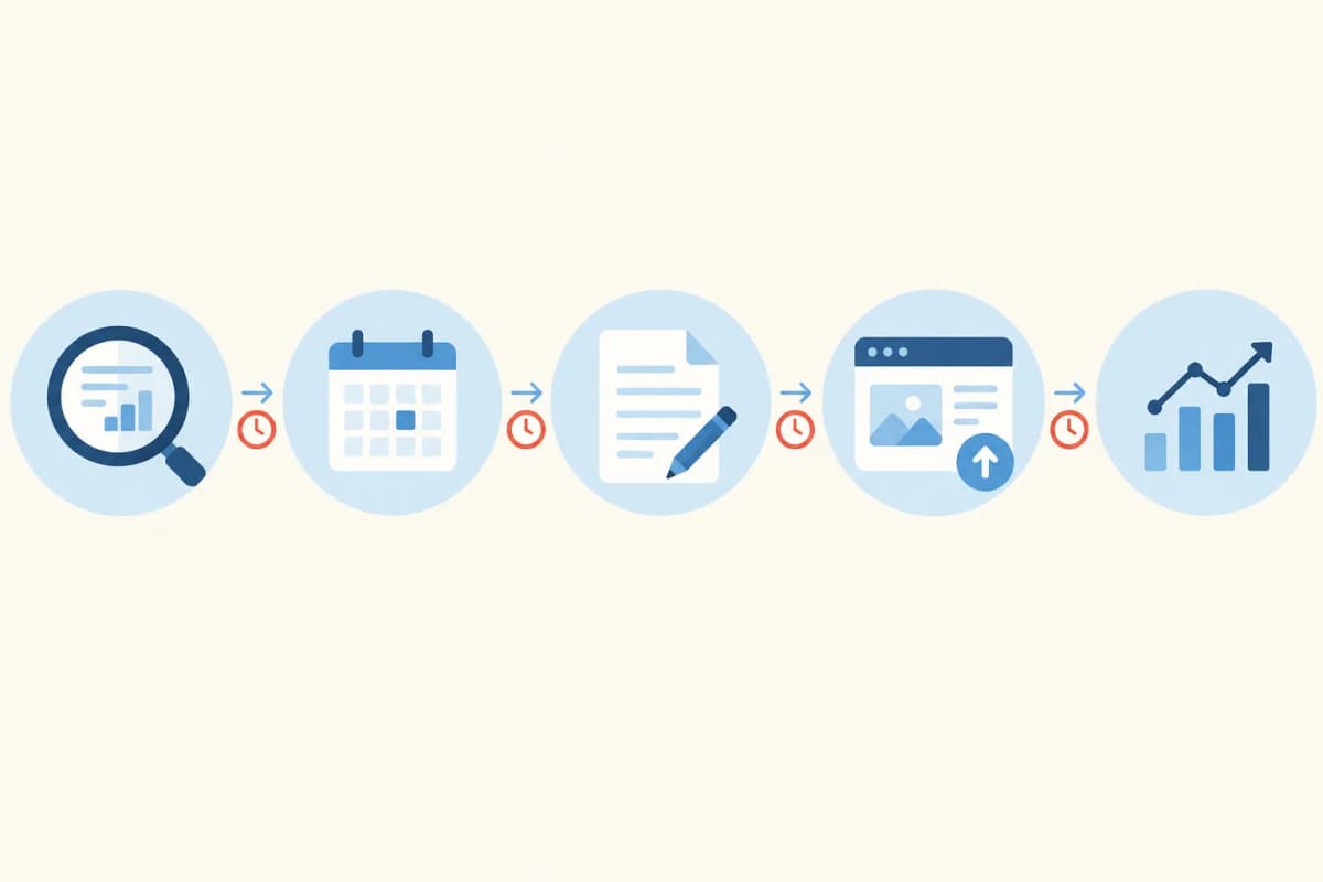 Five-stage SEO content workflow showing research, planning, drafting, publishing, and measurement handoffs