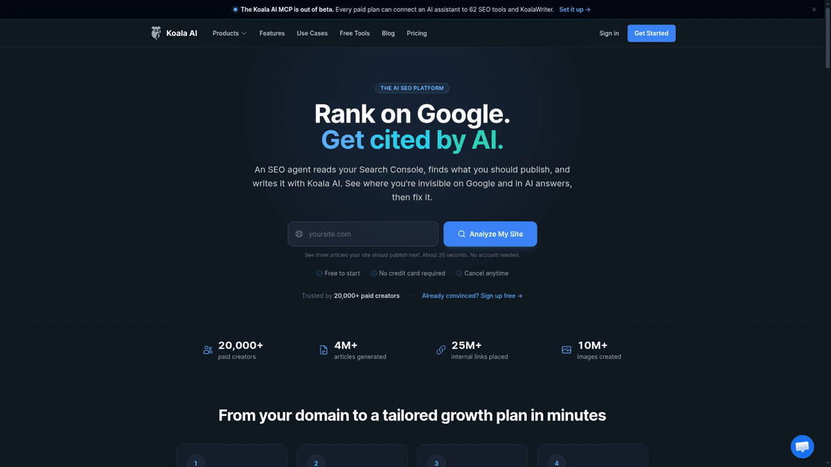 Koala.sh website homepage showing its long-form AI writing tool