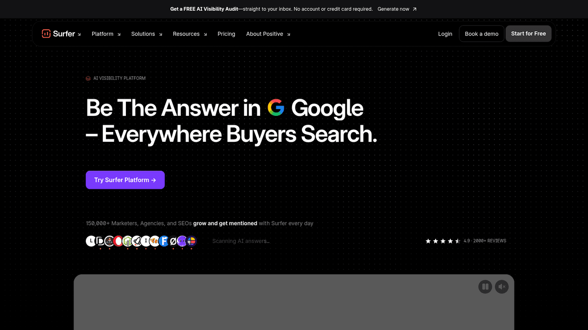 Surfer SEO website homepage showing its content optimization software