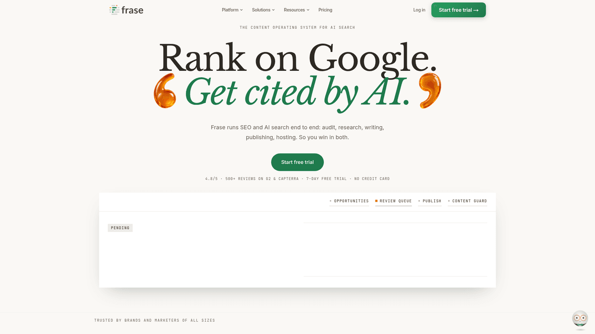 Frase website homepage showing its research and AI content tools