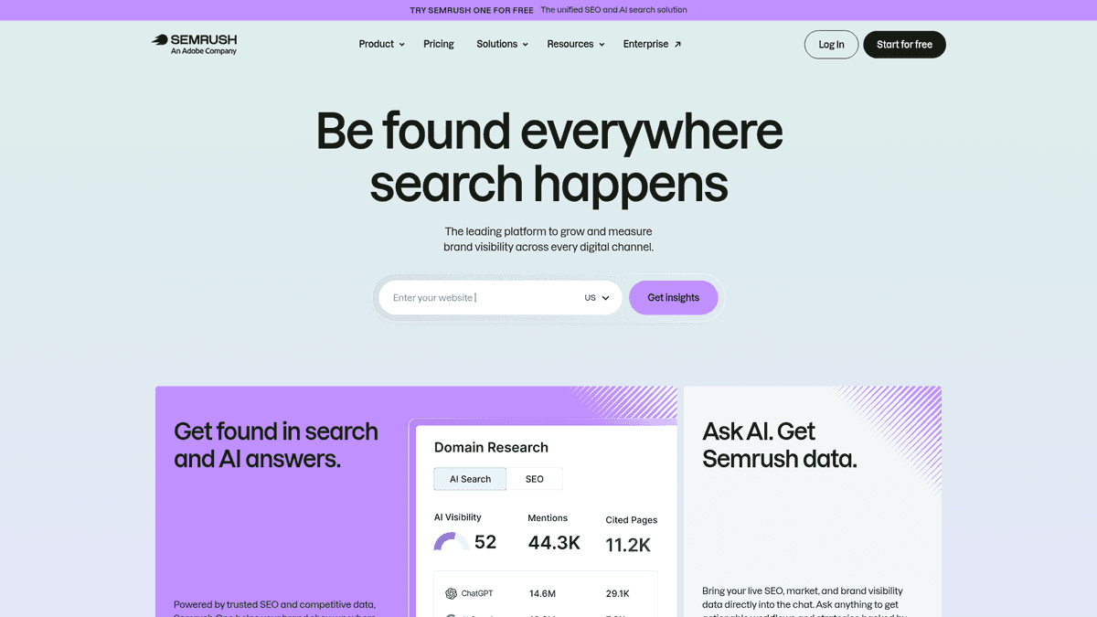 Semrush website for SEO and AI visibility tools