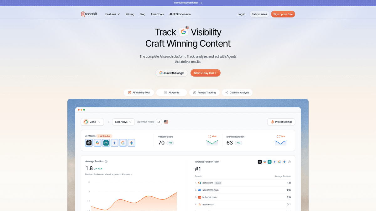 Radarkit website for AI search visibility tracking