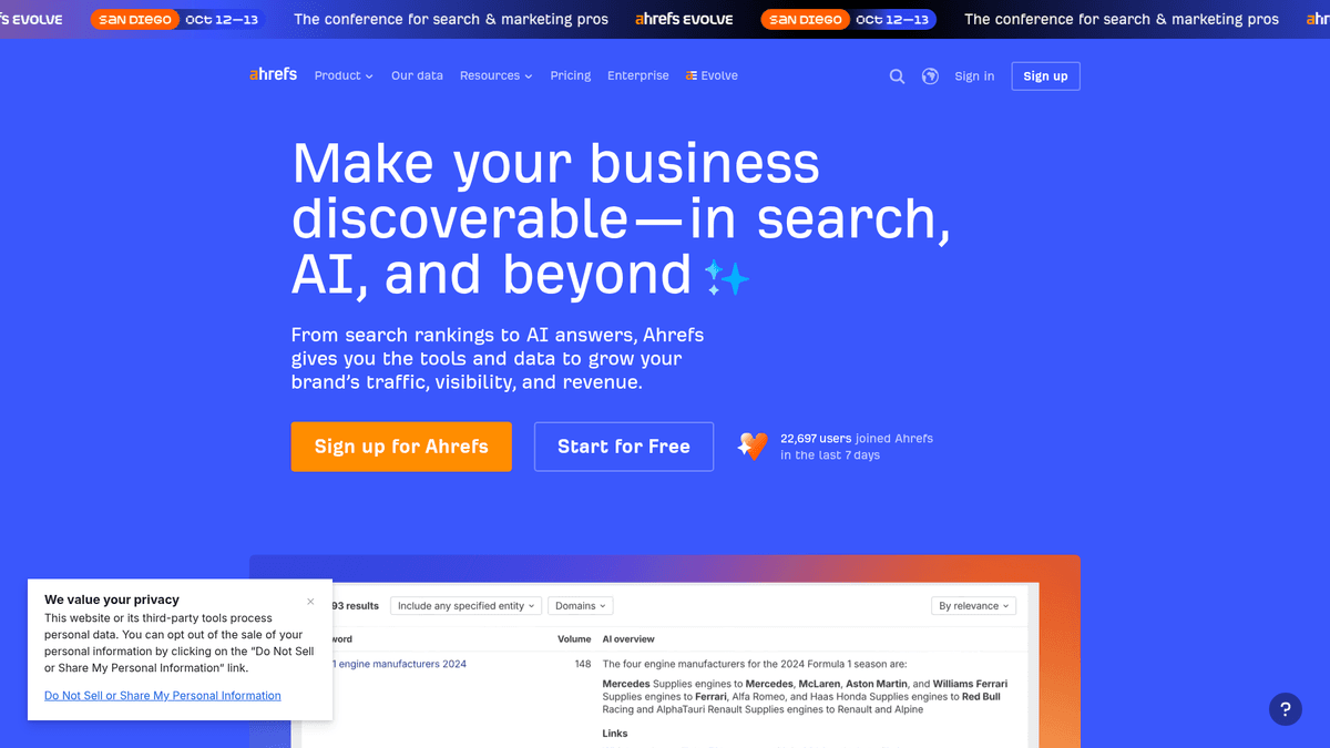 Ahrefs homepage with site analytics and SEO research tools