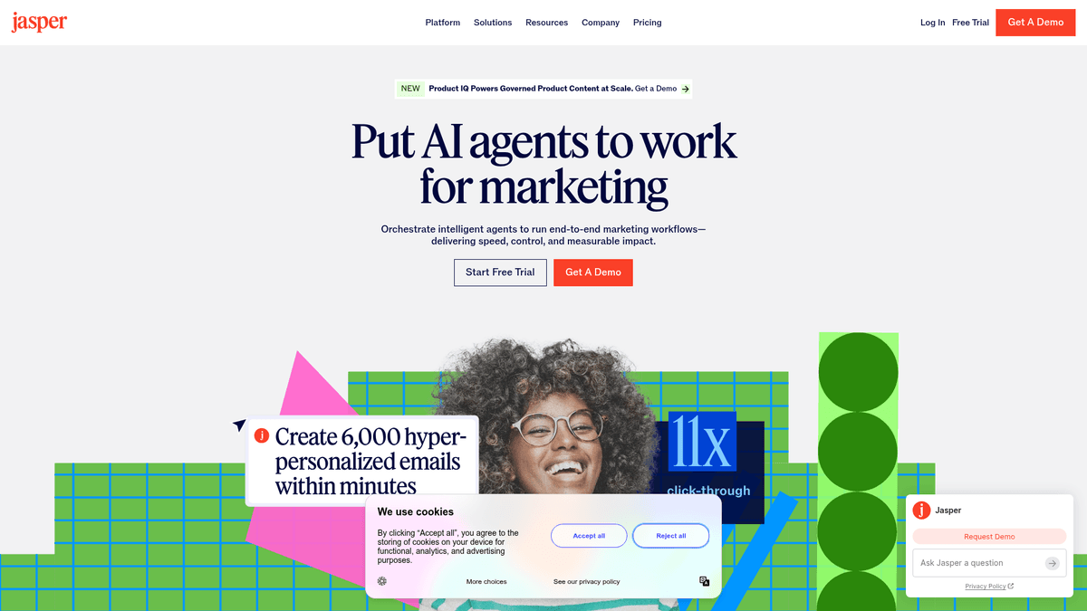 Jasper homepage presenting AI marketing and brand content workflows