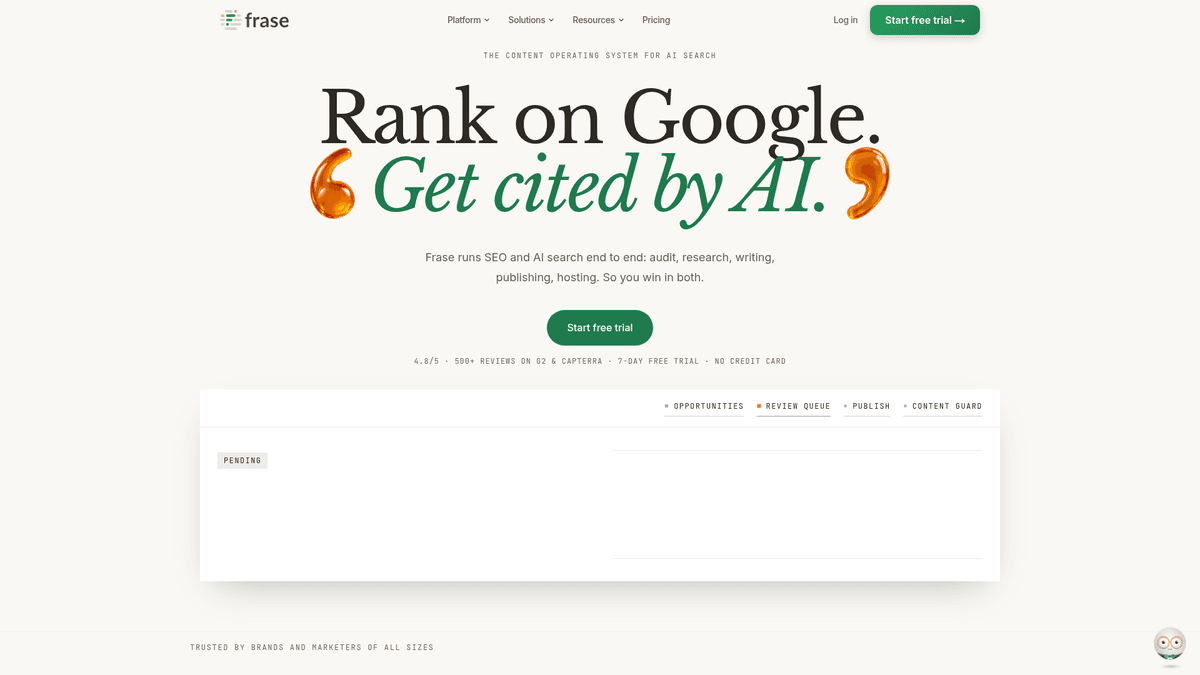 Frase homepage showing SEO and GEO content platform messaging