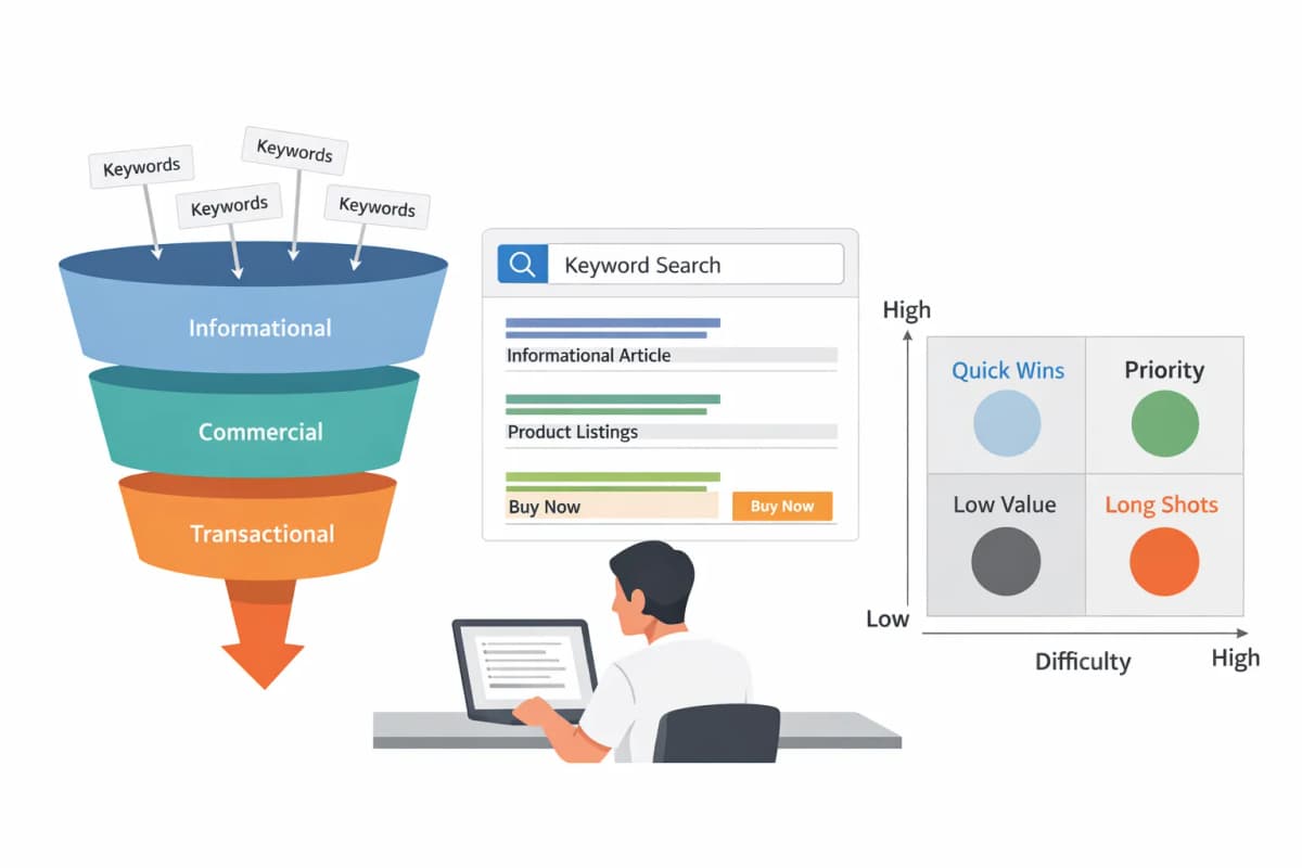 Illustration of a founder using a keyword research framework with intent layers and SERP analysis