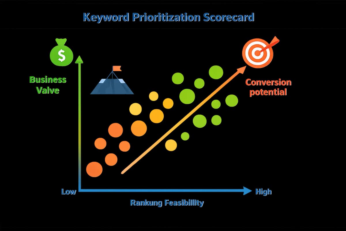 Illustration of a keyword prioritization scorecard with business value, feasibility, and conversion potential