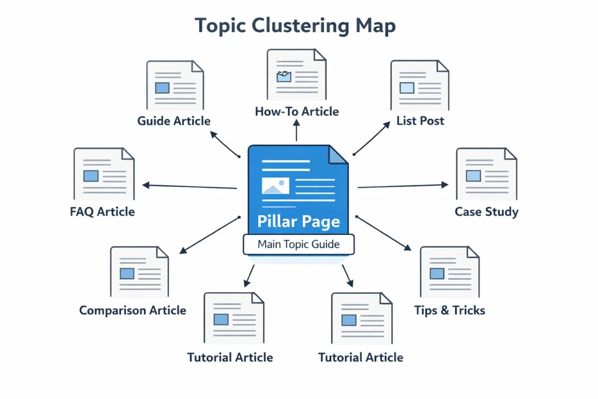 Illustration of a topic clustering map with a pillar page connected to cluster articles