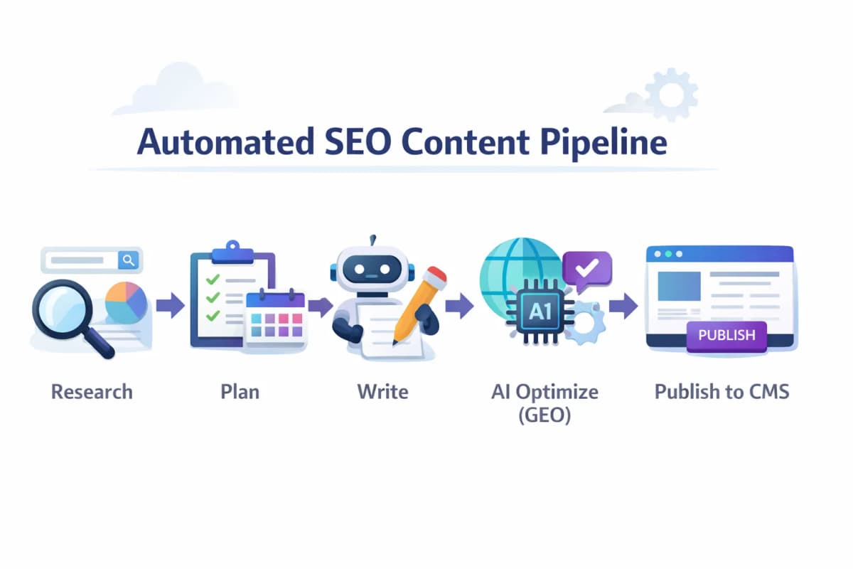 Illustration of an automated SEO content pipeline from research to publishing with GEO optimization