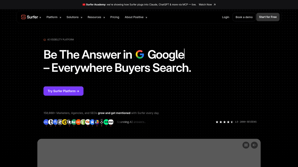 Screenshot of Surfer SEO homepage
