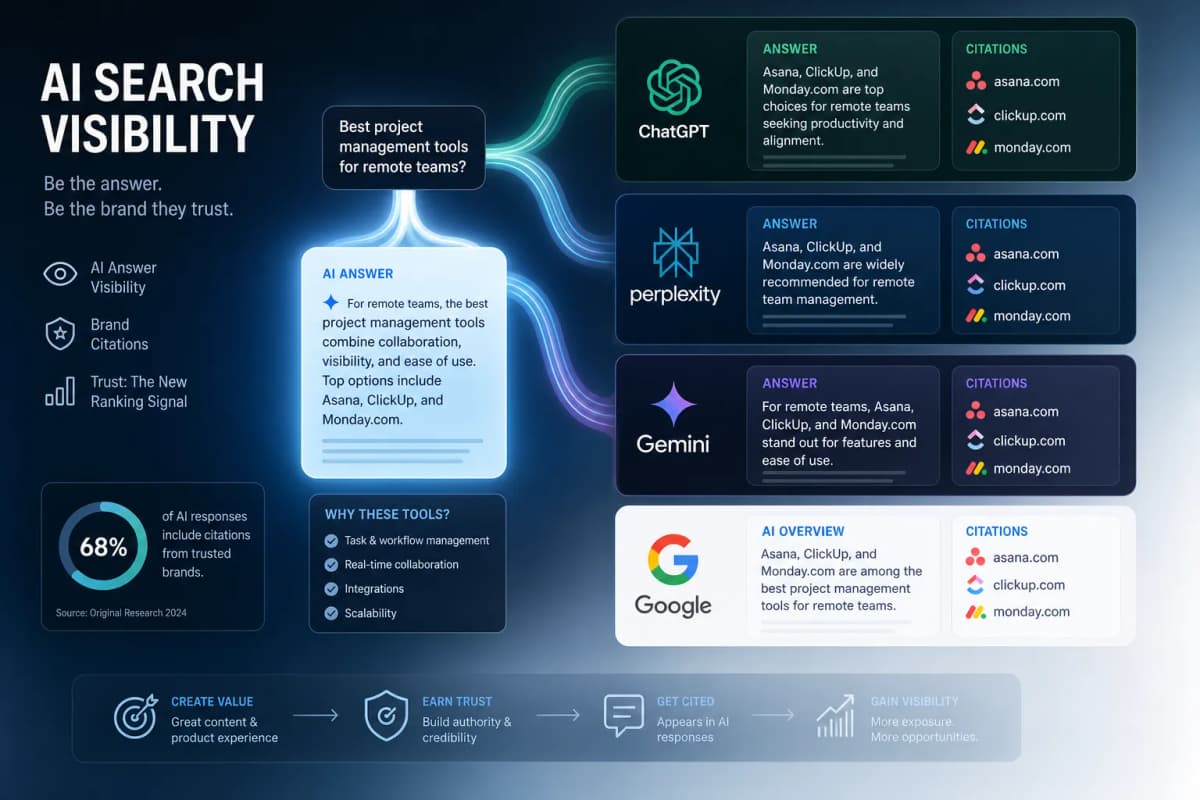 Illustration of AI search visibility across answer engines