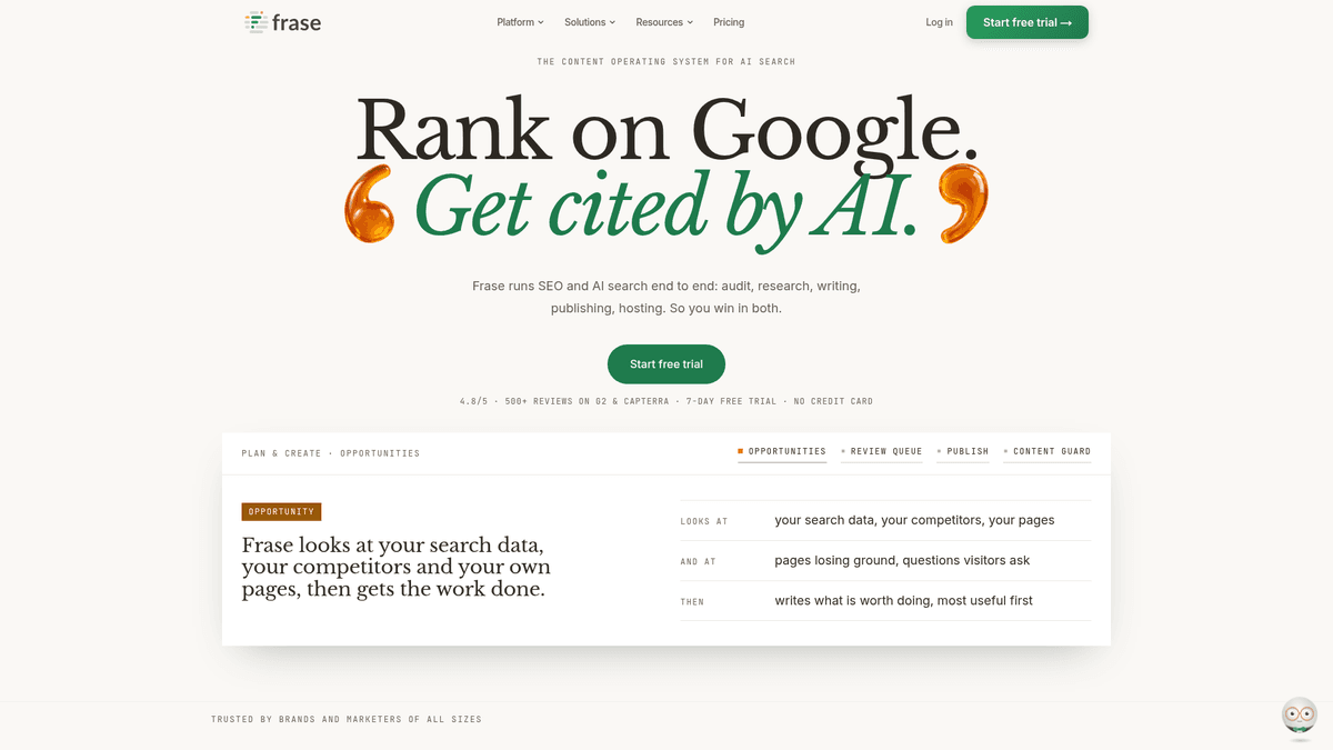 Frase home page for SEO research and content briefs