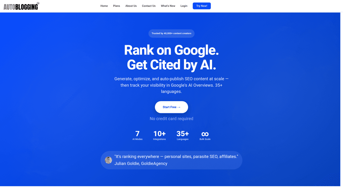 Autoblogging.ai home page for bulk AI article generation