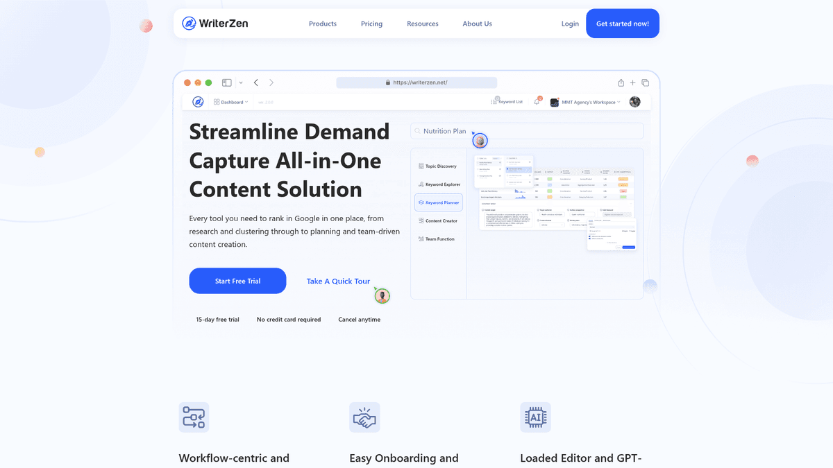 Screenshot of WriterZen homepage