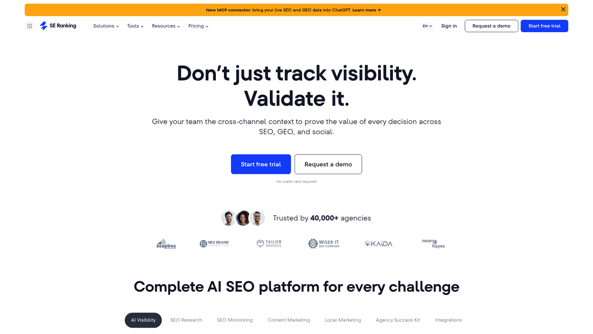 Screenshot of SE Ranking homepage