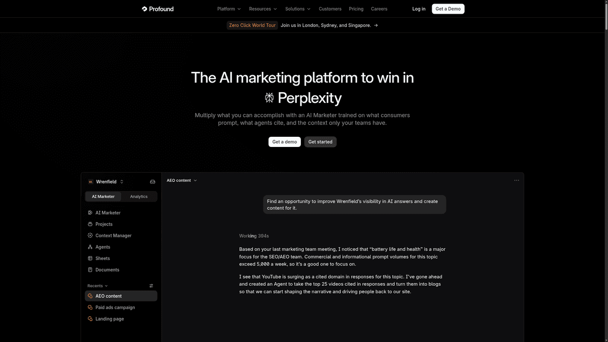 Profound homepage for enterprise AI visibility analytics